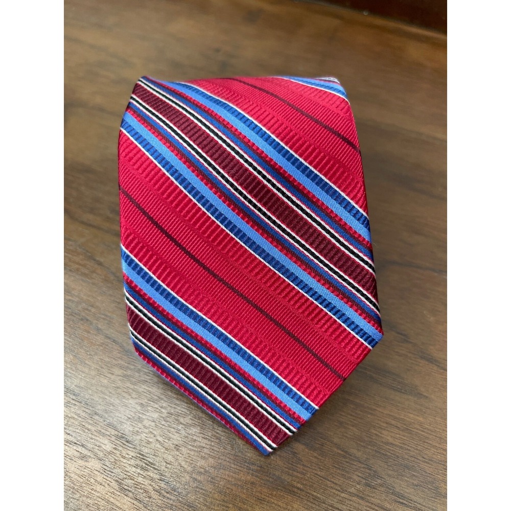 Pronto Uomo Couture 100% Silk Red Coastal Blue Black Strip Hand Made Men Tie EUC